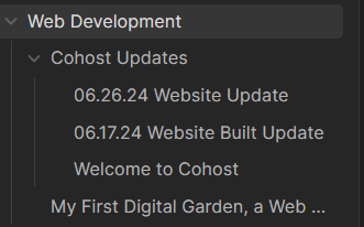 screenshot of the Web Development folder including the Cohost Updates subfolder and three text files